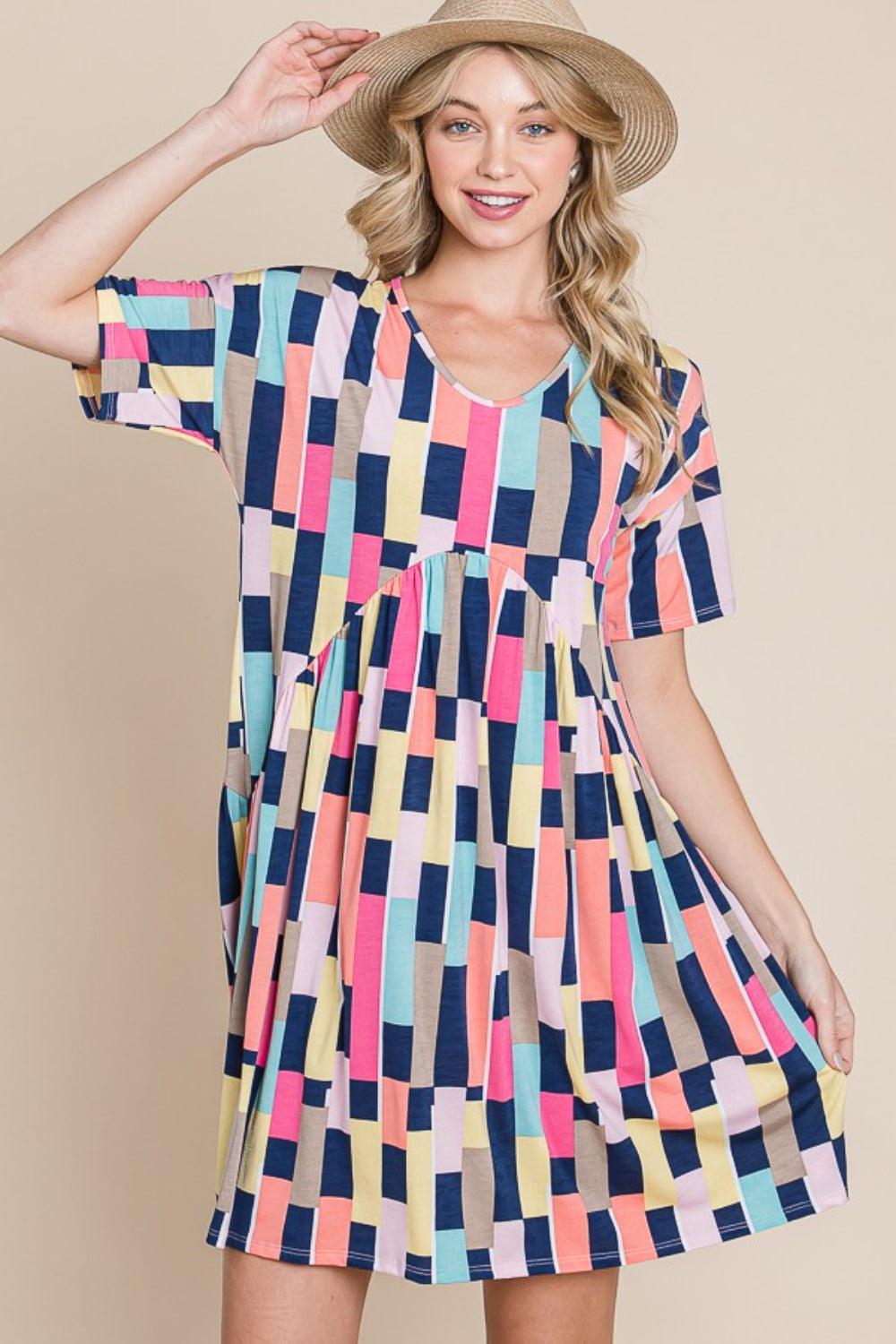 BOMBOM Ruched Color Block Short Sleeve Mini Dress Carauana Store