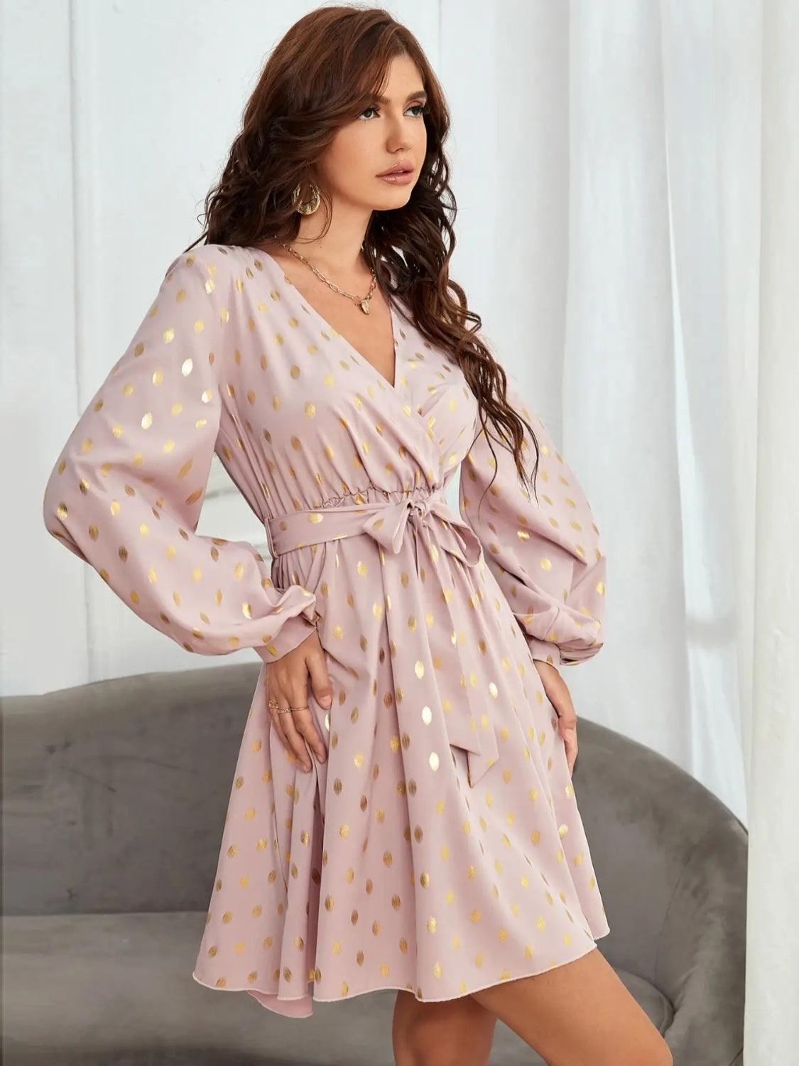 Tied Printed Surplice Long Sleeve Dress Carauana Store