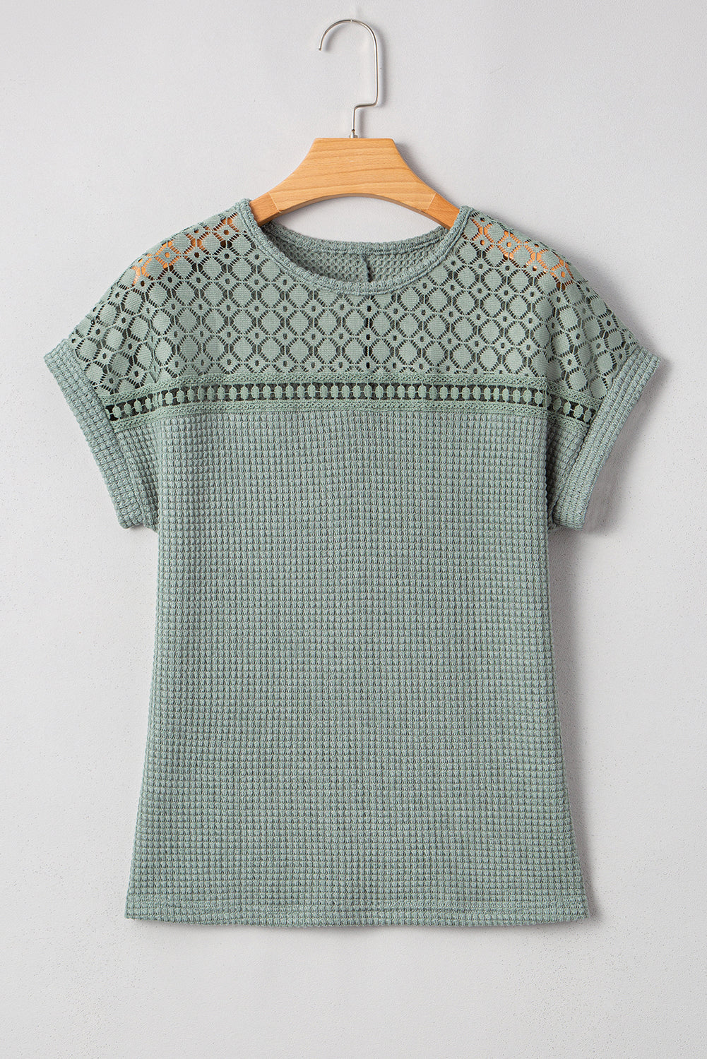 Mist Green Lace Patchwork Waffle Short Sleeve Top