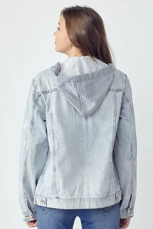 RISEN Full Size Distressed Drawstring Hooded Denim Jacket Carauana Store