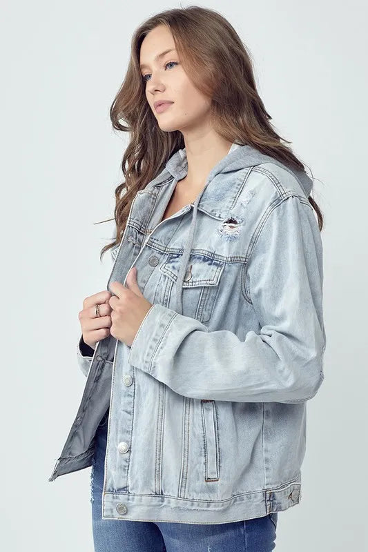 RISEN Full Size Distressed Drawstring Hooded Denim Jacket Carauana Store