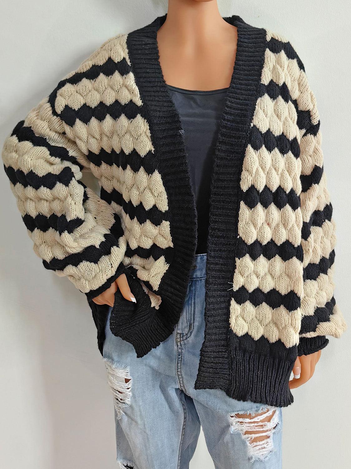 Striped Contrast Open Front Long Sleeve Cardigan Carauana Store