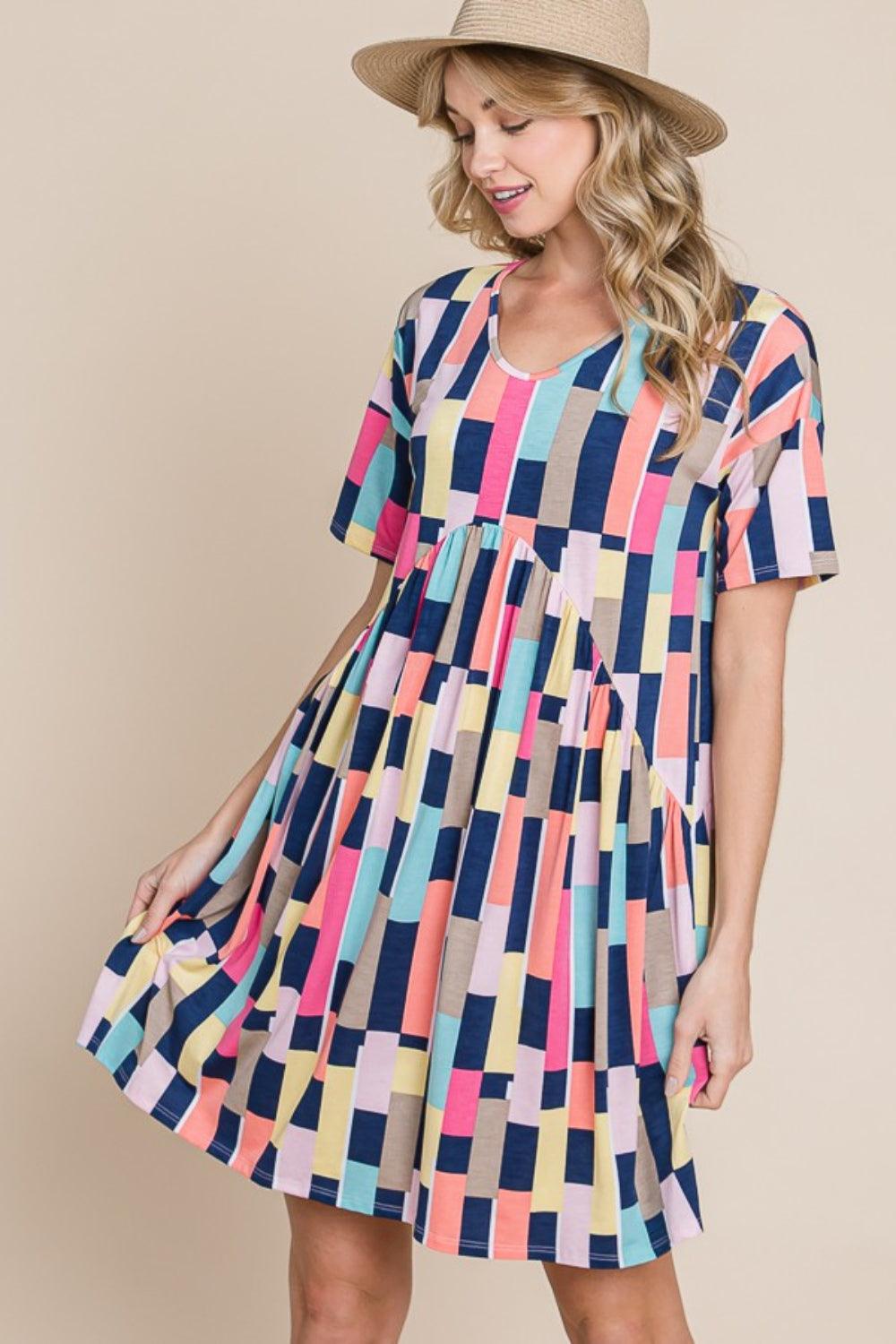 BOMBOM Ruched Color Block Short Sleeve Mini Dress Carauana Store