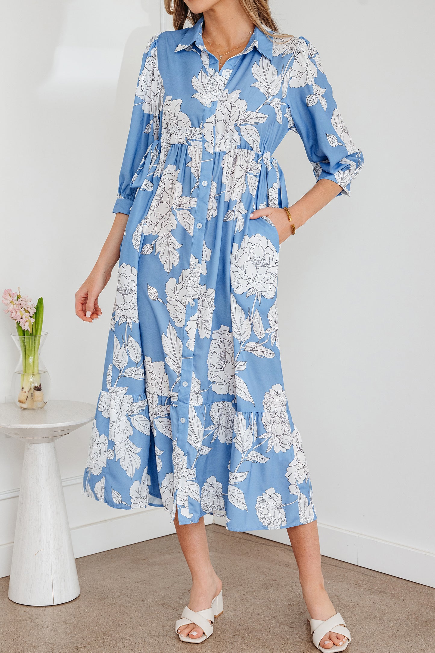 Sky Blue Floral Print Shirt Collar Button Down 3/4 Sleeve Ruffle Hem Long Dress