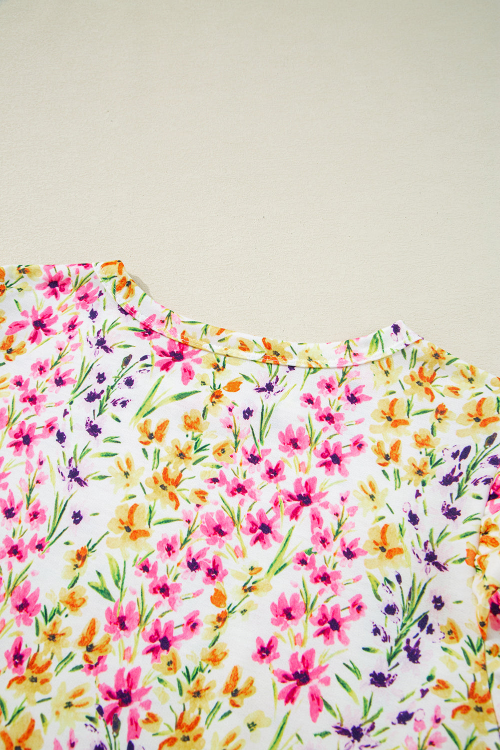 Pink Floral Puff Short Sleeve Crewneck Blouse