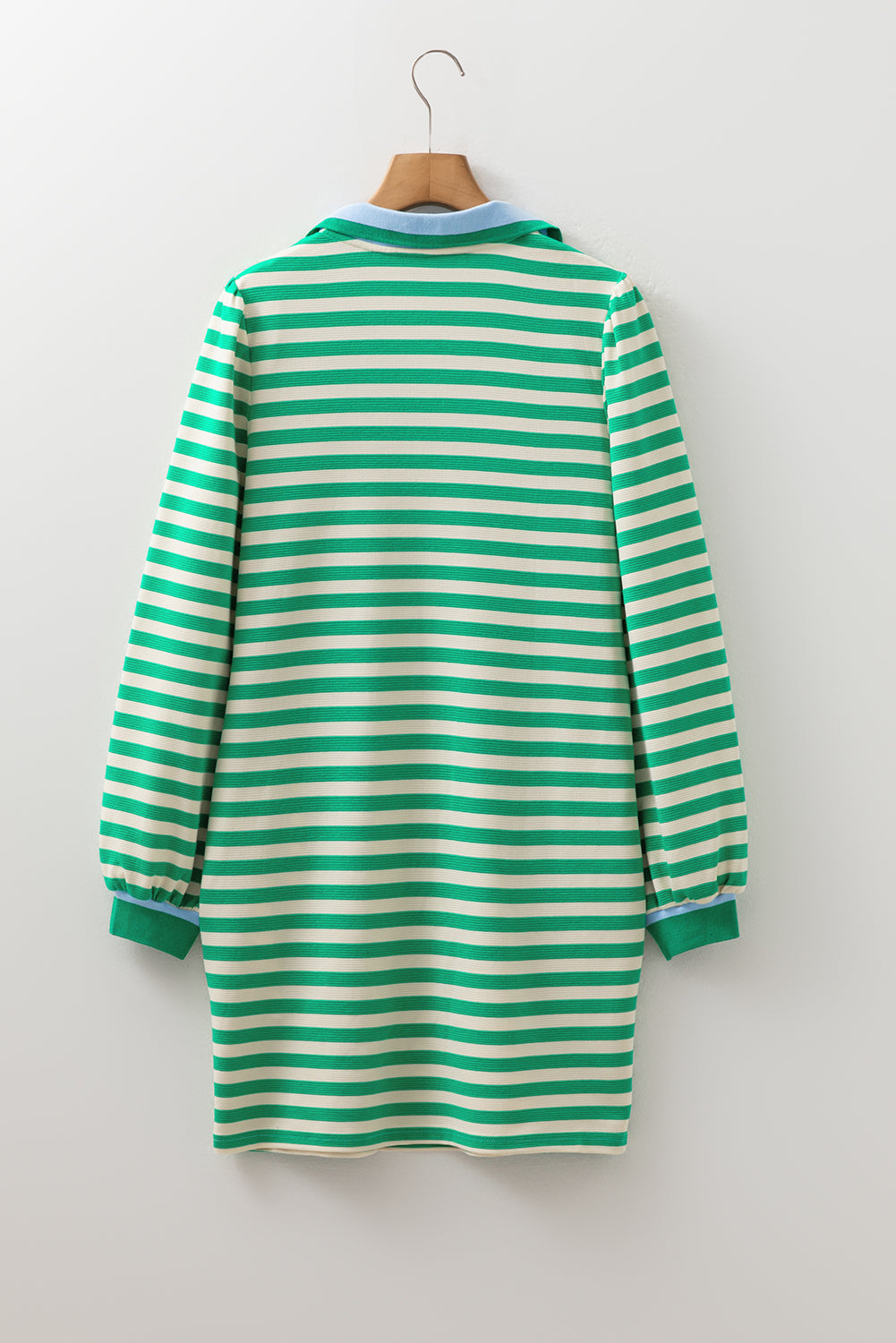 Green Striped Contrast Collar Split Neck Long Sleeve Mini Dress