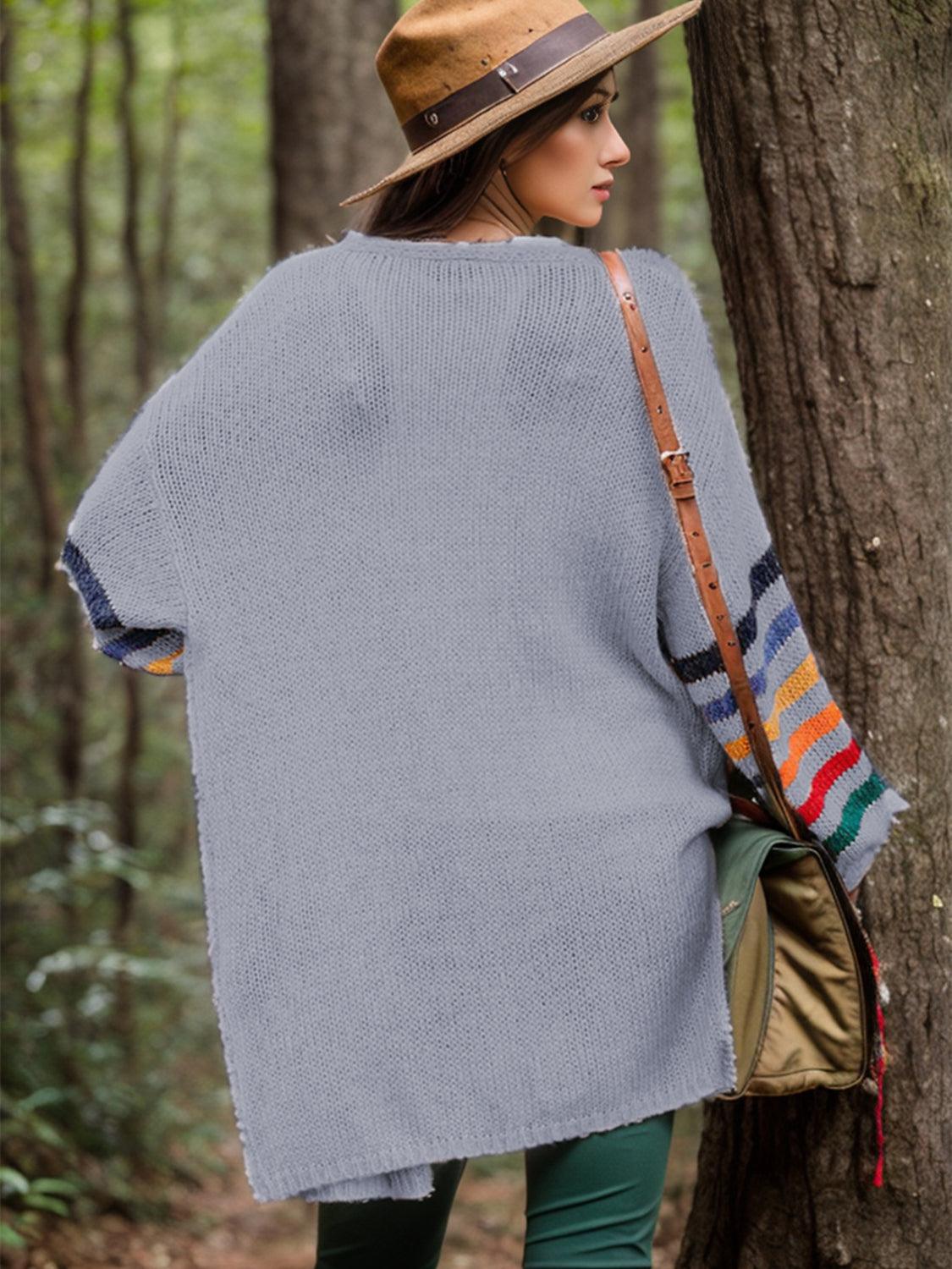 Striped Open Front Long Sleeve Cardigan Carauana Store