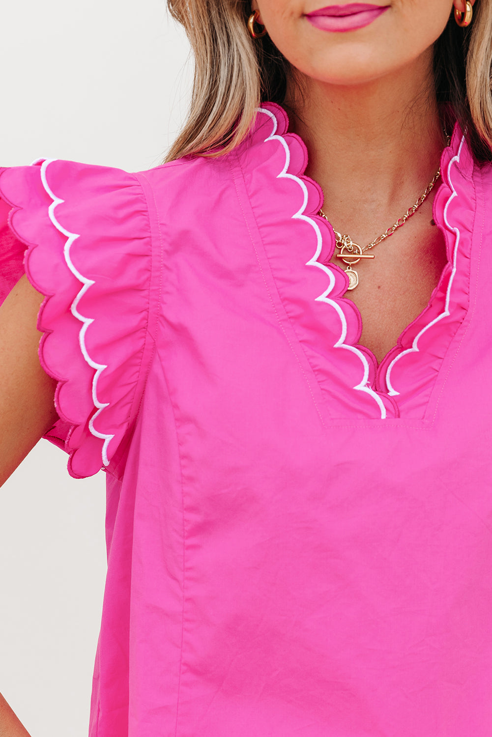 Bright Pink Contrast Scallop Trim Layered Short Sleeve V Neck Blouse