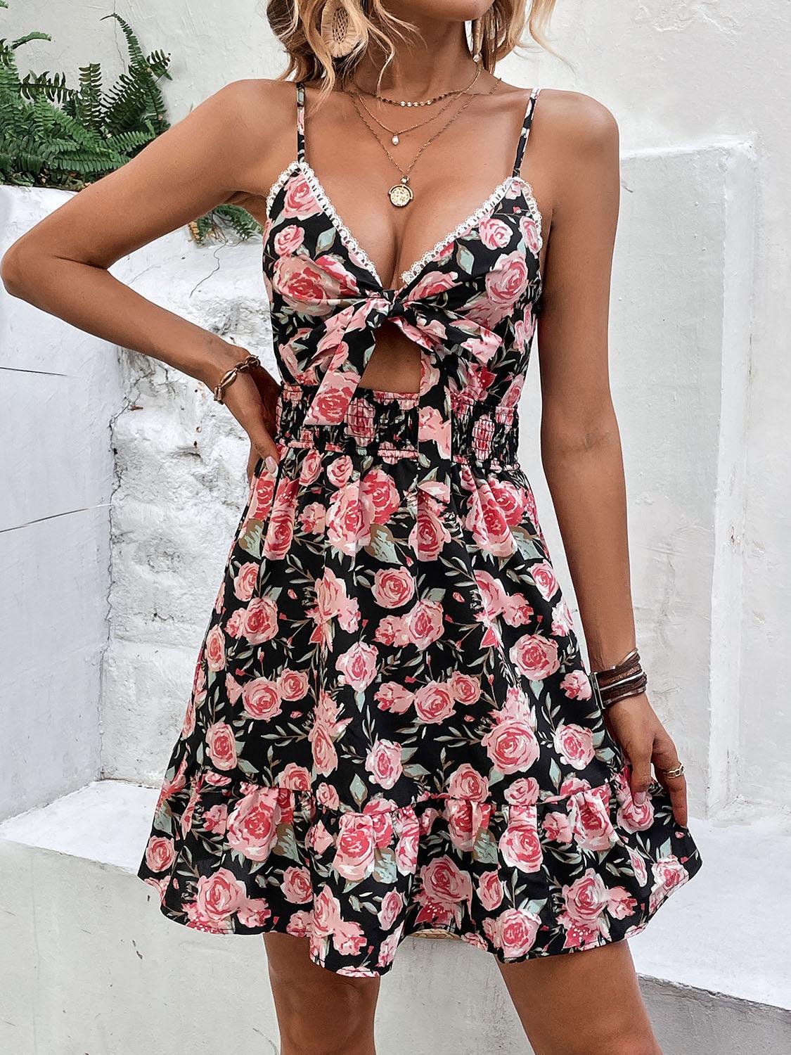 Tied Rose Print Spaghetti Strap Dress Carauana Store
