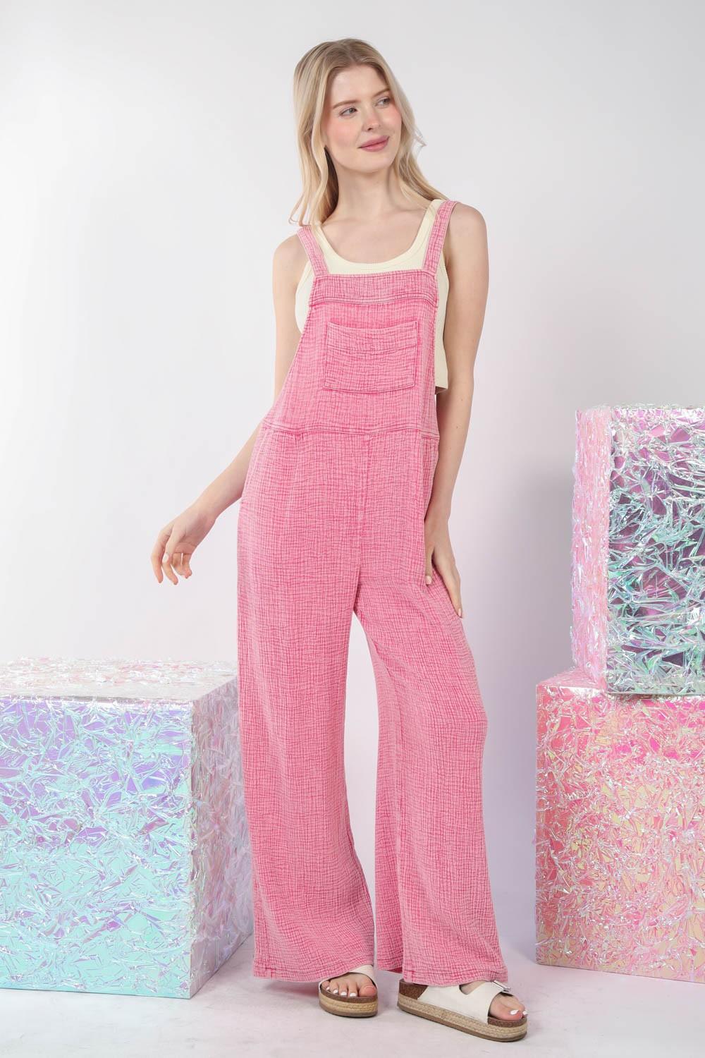 VERY J Texture Washed Wide Leg Overalls Carauana Store