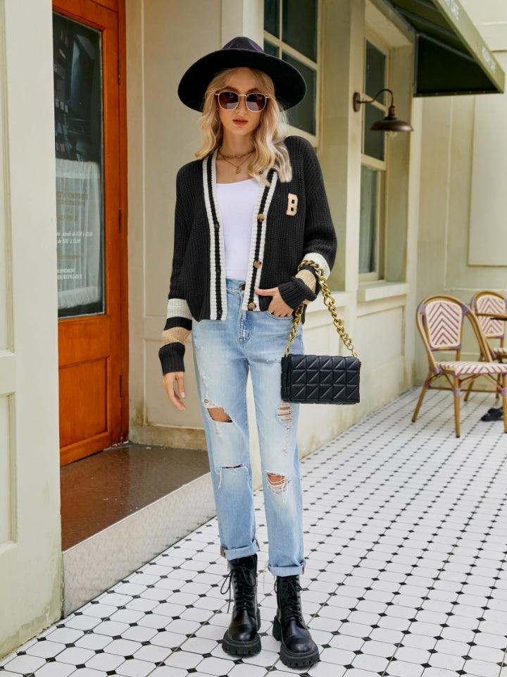 Contrast Button Up Dropped Shoulder Cardigan Carauana Store