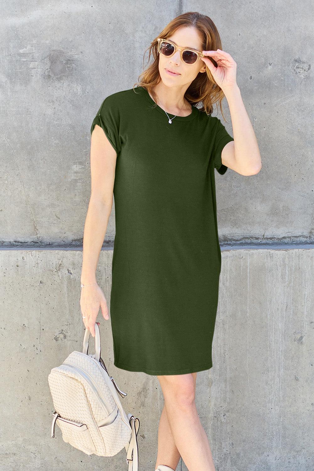 Basic Bae Full Size Round Neck Short Sleeve Dress with Pockets Carauana Store