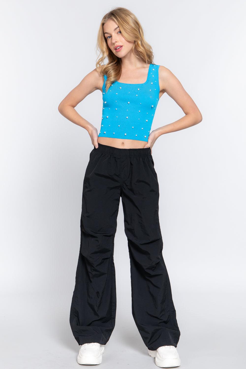 ACTIVE BASIC Pearl Detail Square Neck Cropped Tank Carauana Store