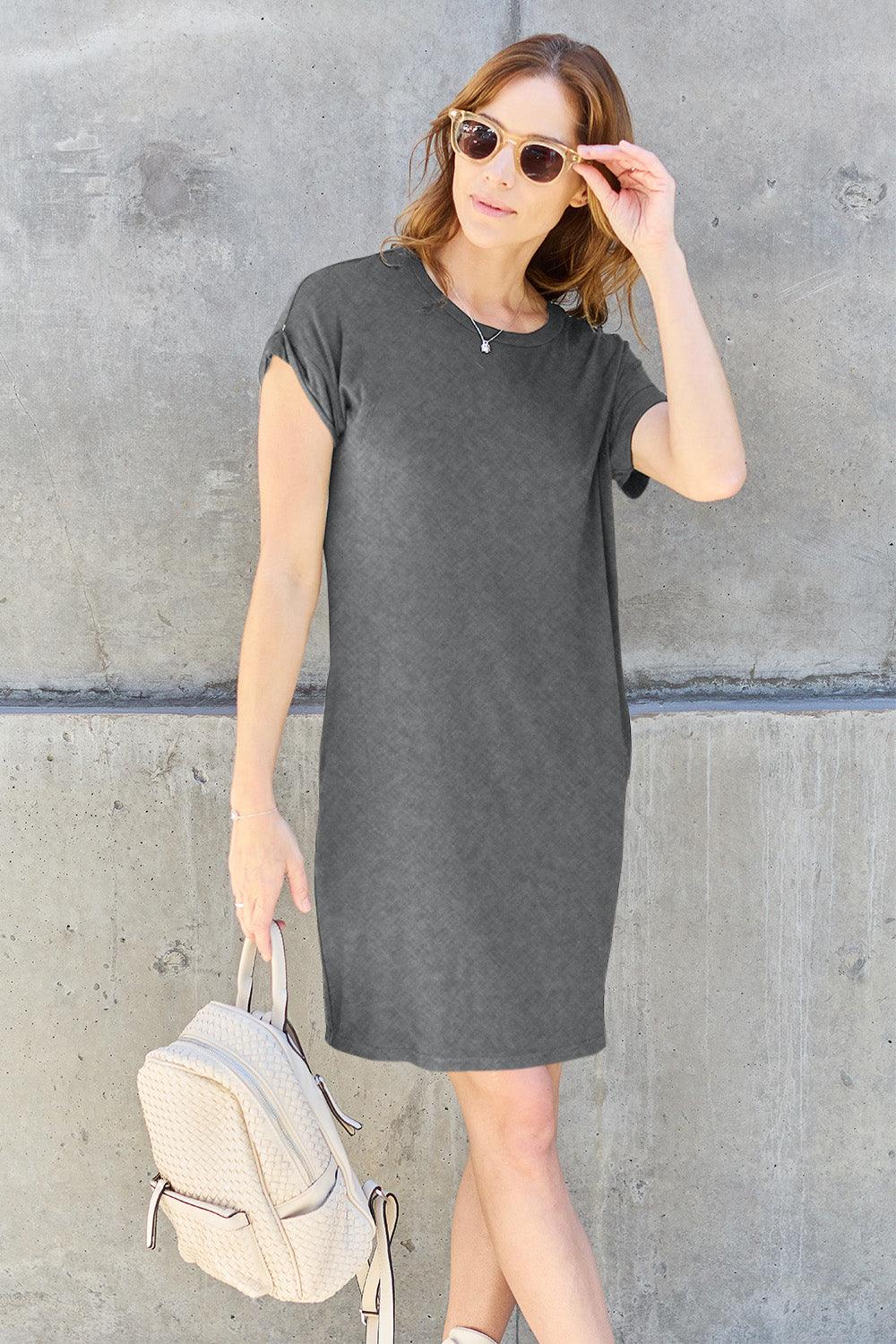 Basic Bae Full Size Round Neck Short Sleeve Dress with Pockets Carauana Store