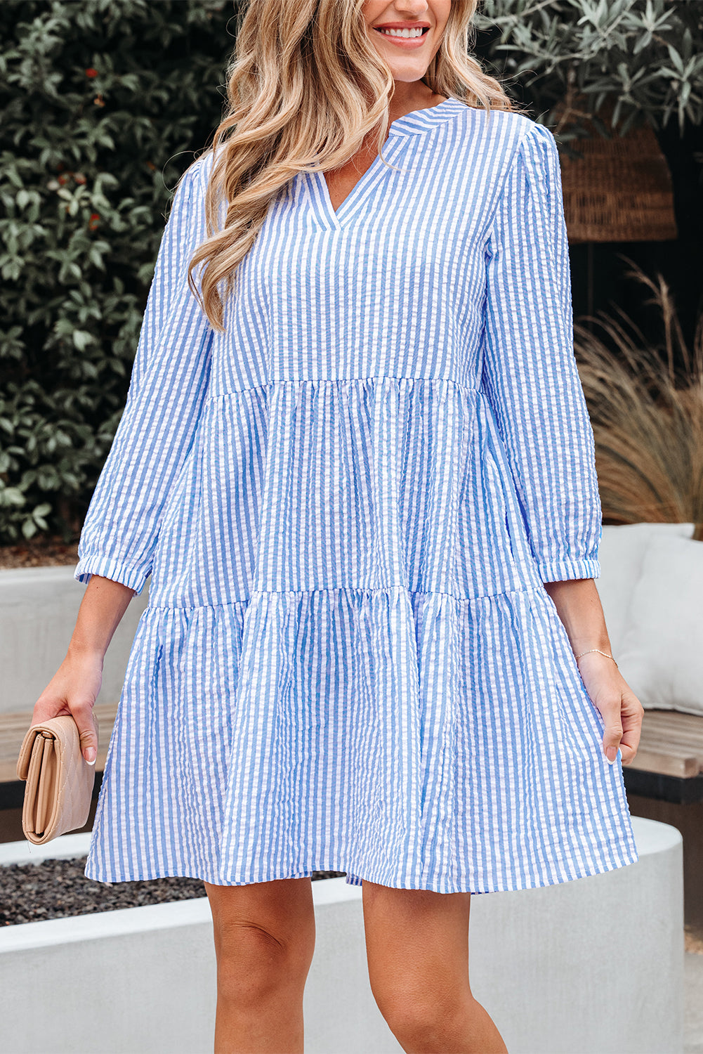 Sky Blue Stripe Bracelet Sleeve Tiered Shift Dress with Pockets