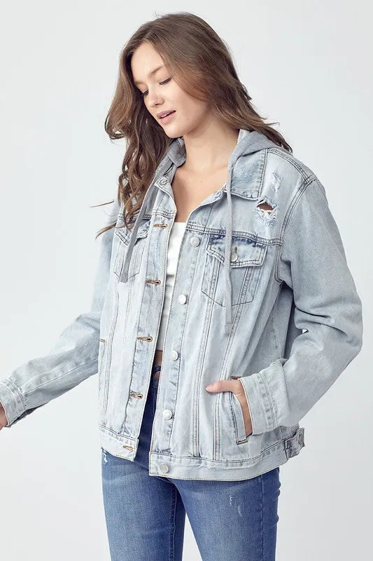 RISEN Full Size Distressed Drawstring Hooded Denim Jacket Carauana Store