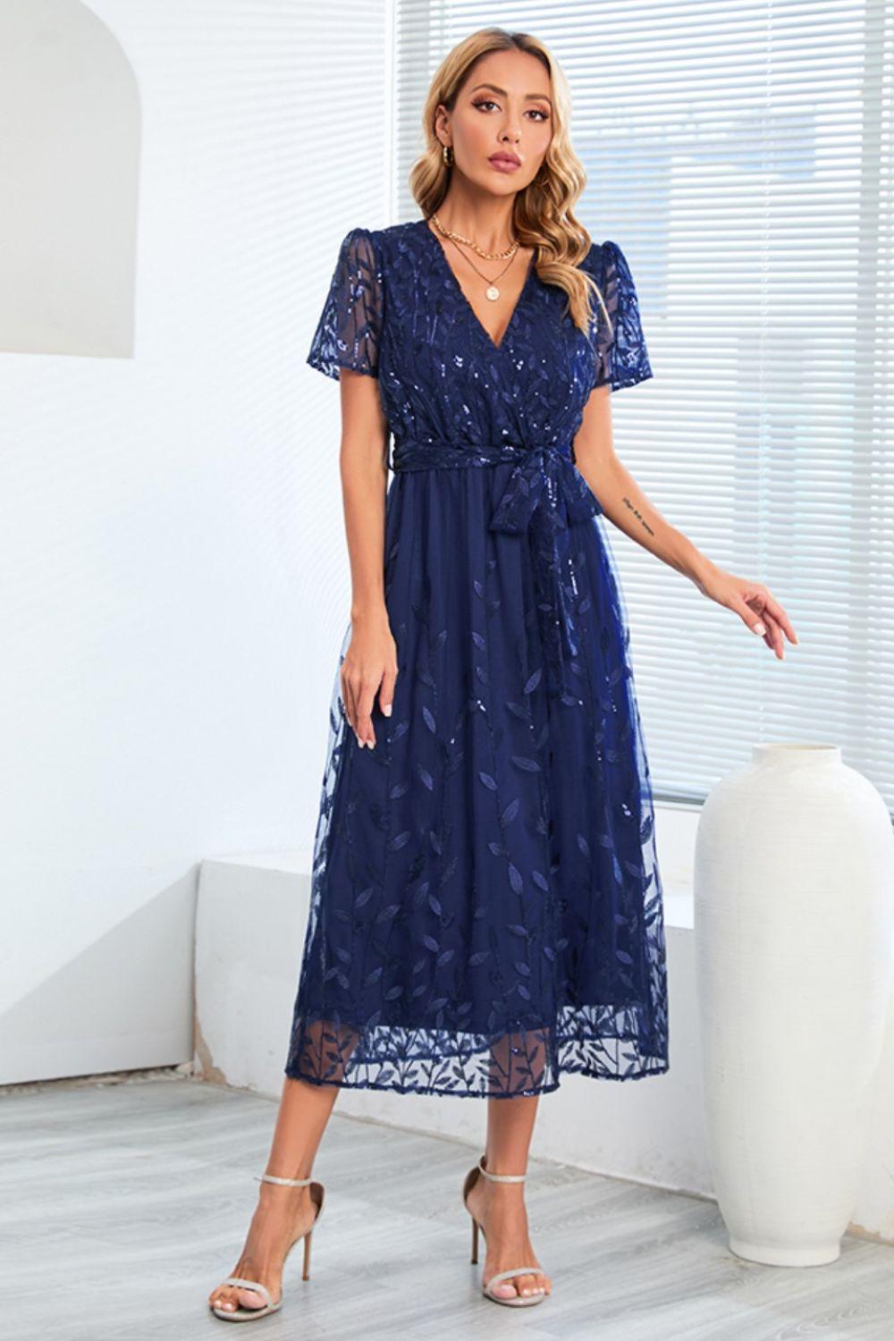 Sequin Leaf Embroidery Tie Front Short Sleeve Dress Carauana Store