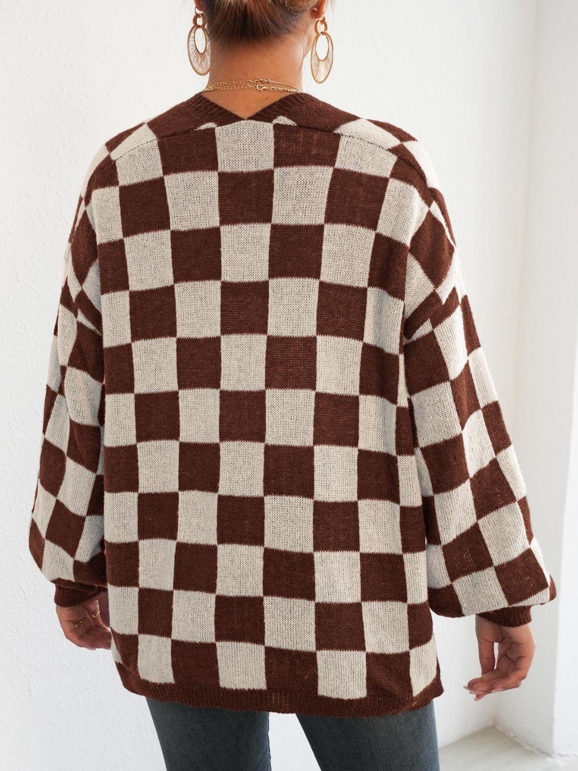 Checkered Open Front Long Sleeve Cardigan Carauana Store