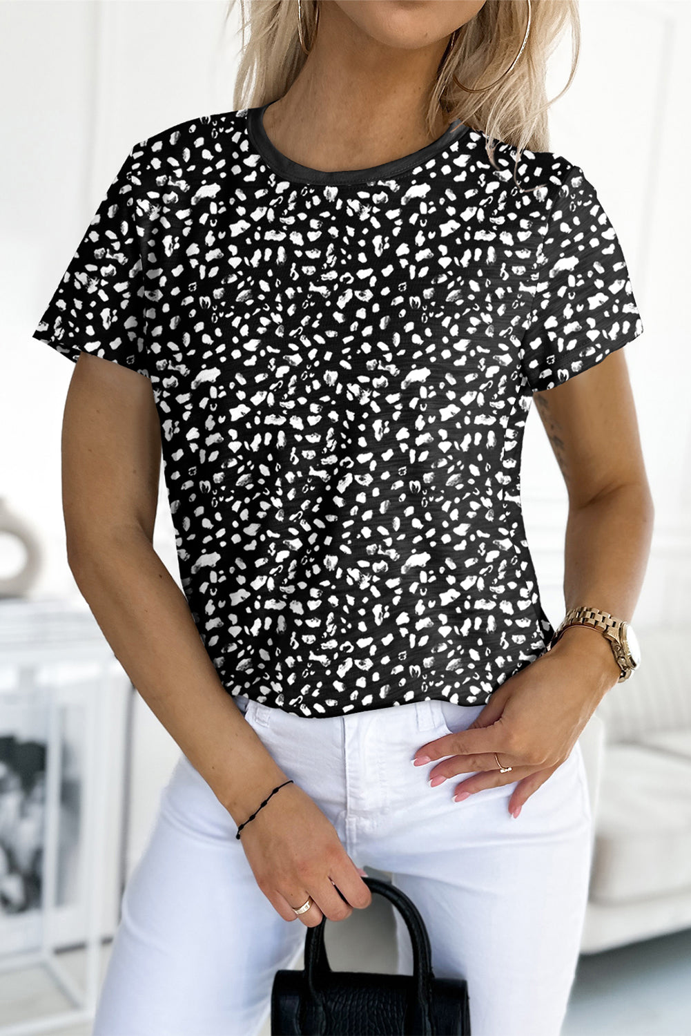 Black Cheetah Print O-neck Short Sleeve T Shirt