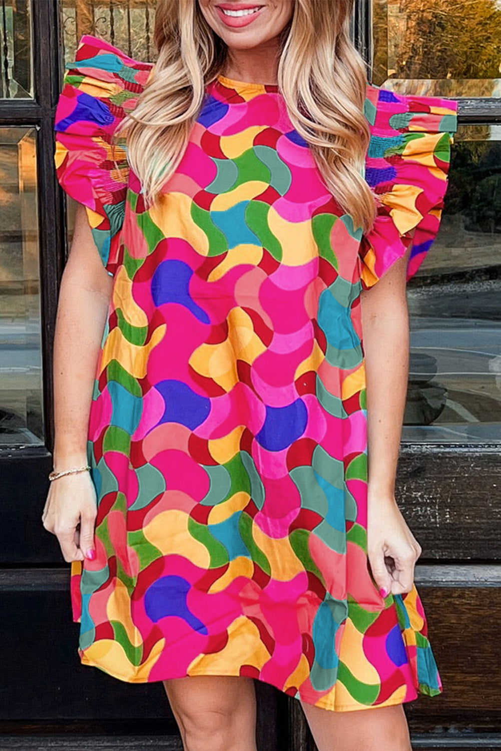 Rose Red Abstract Print Ruffle Sleeve Shift Dress CaRaUaNa Fashion