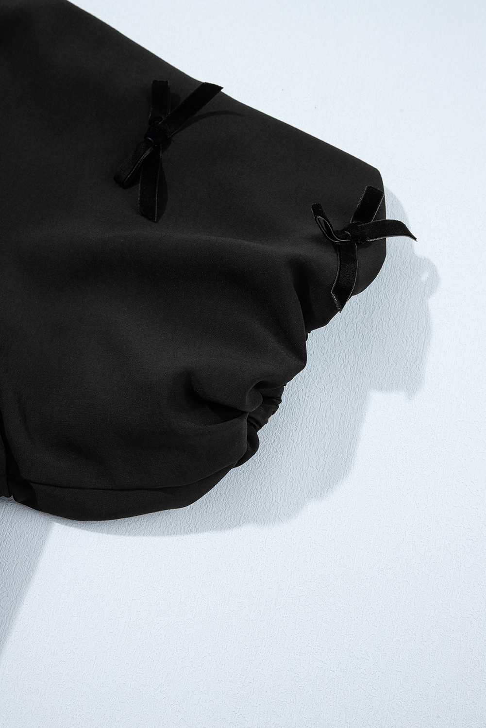 Black Bow Decor Puff Sleeve Split Neck Blouse