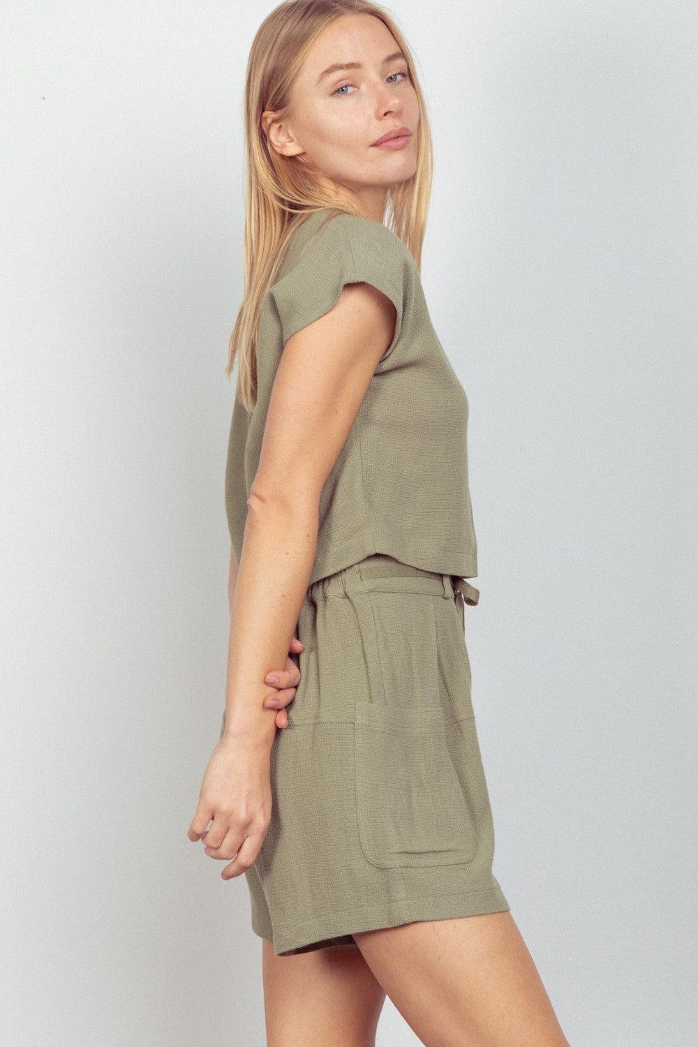 VERY J Woven Cropped Top & Waist Tie Shorts Set Carauana Store