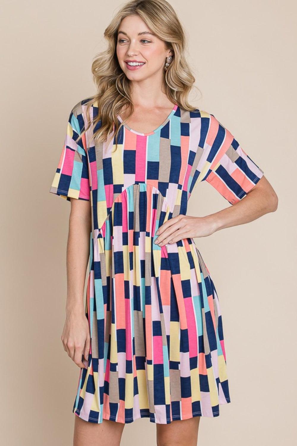 BOMBOM Ruched Color Block Short Sleeve Mini Dress Carauana Store