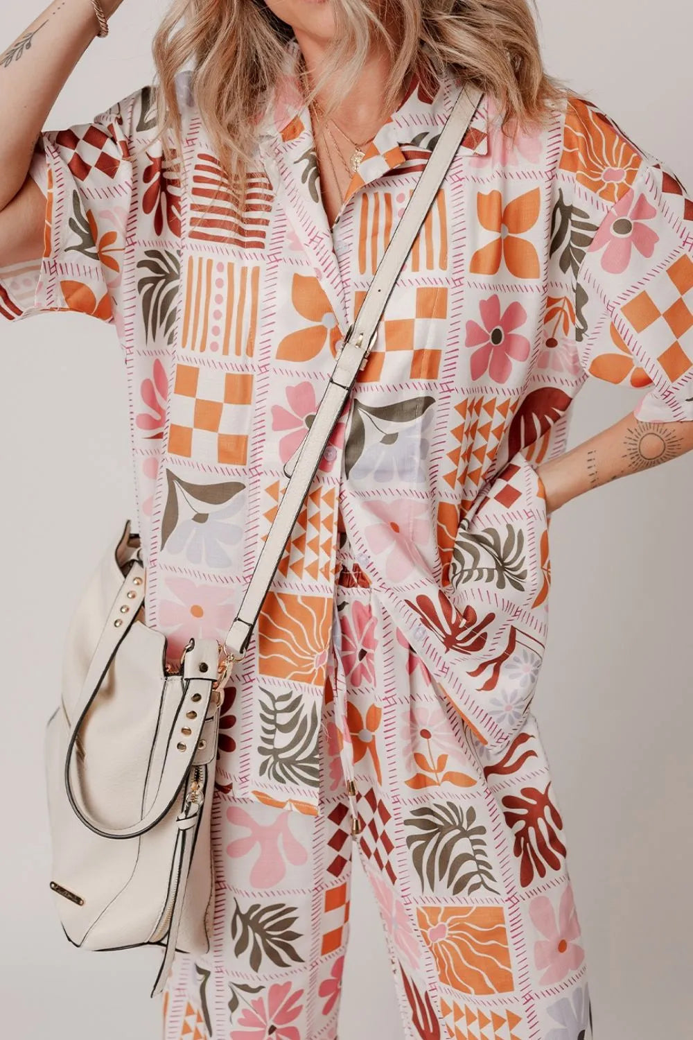 Printed Collared Neck Shirt and Wide Leg Pants Set Carauana Store