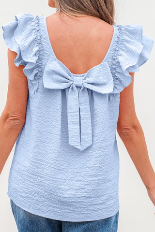 Beau Blue Textured Bow Knot Frilled Butterfly Sleeve Blouse