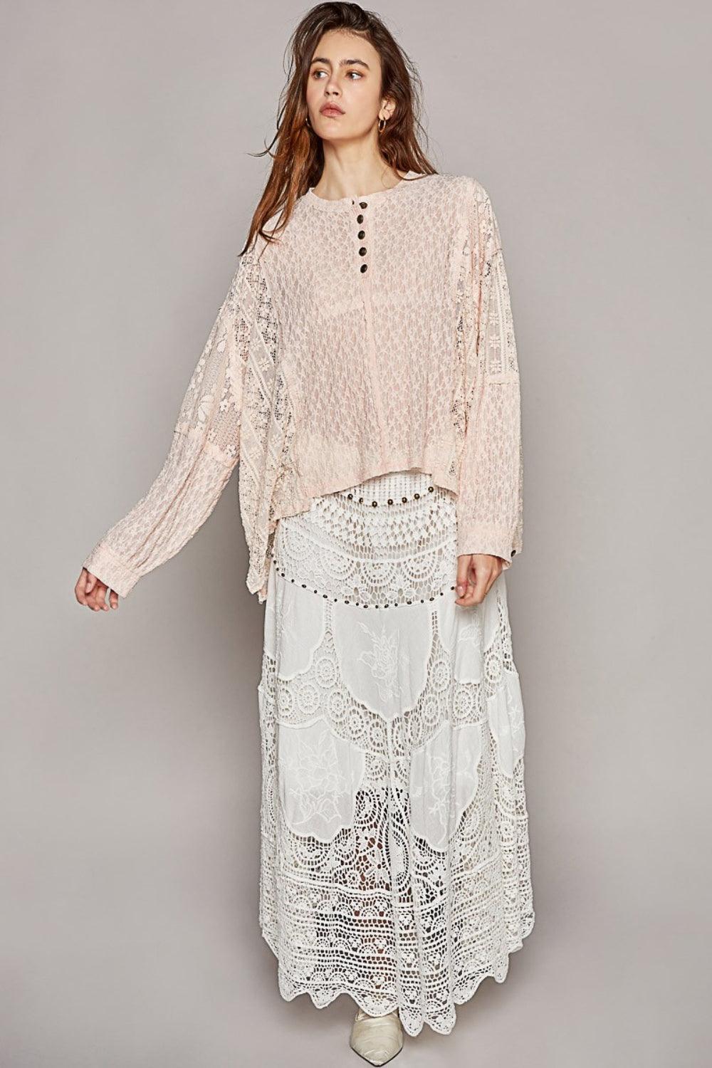 POL Round Neck Long Sleeve Raw Edge Lace Top Carauana Store