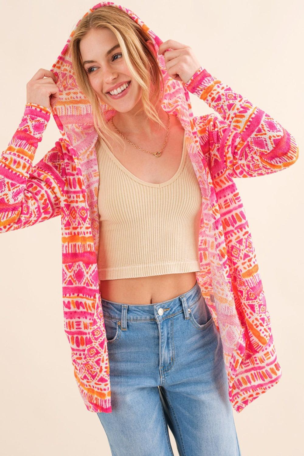 And The Why Full Size Printed Thermal Hooded Open Front Cardigan Carauana Store