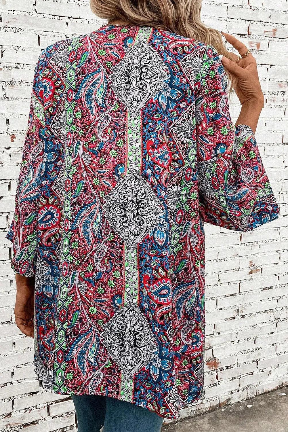 Printed Open Front Long Sleeve Cover Up Carauana Store