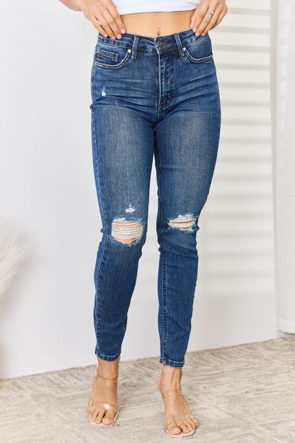 Judy Blue Full Size Mid Waist Distressed Slim Jeans Carauana Store