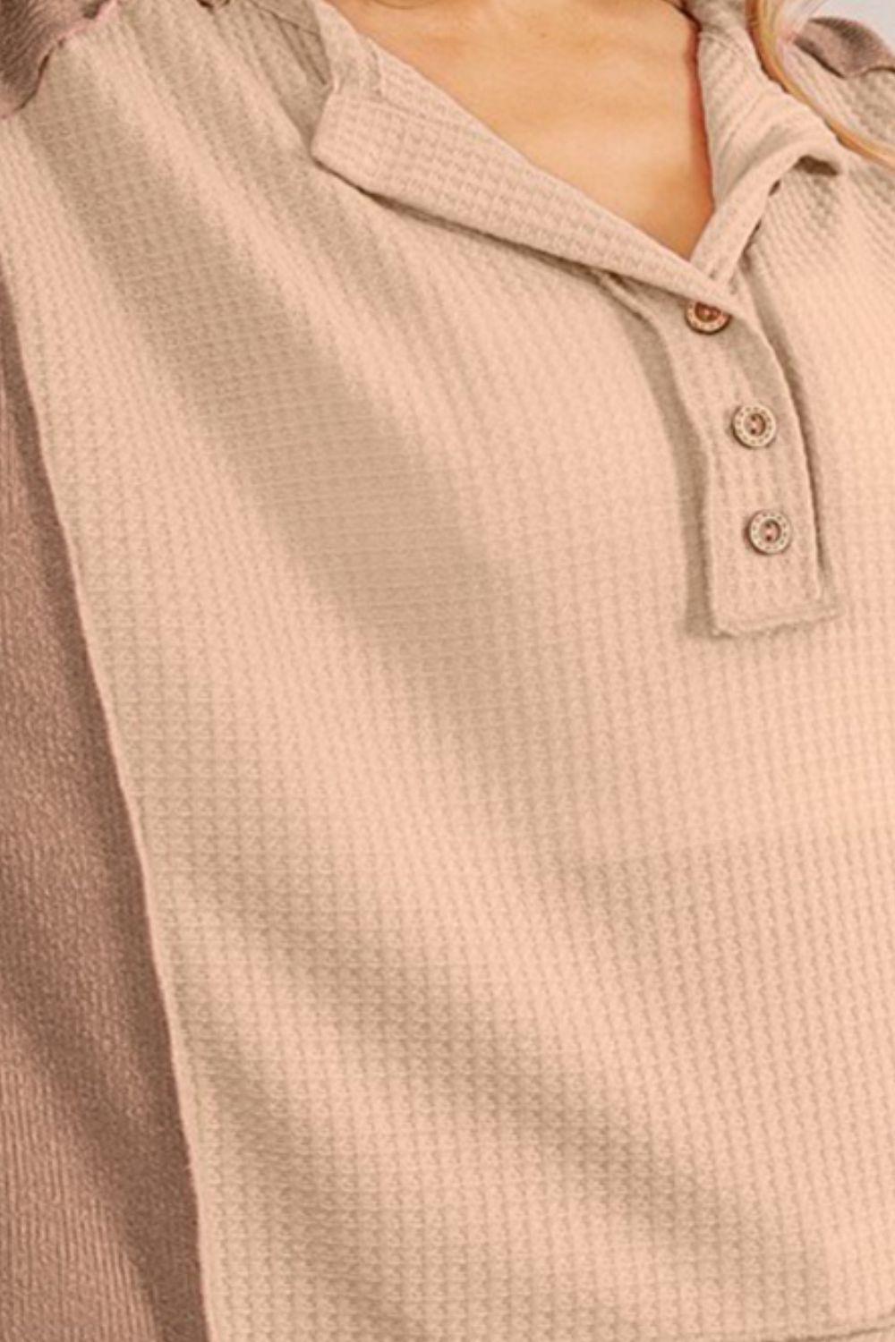 BiBi Half Button Exposed Seam Contrast Waffle Top Carauana Store