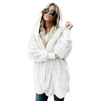Woman wearing a white hooded cardigan on a white background