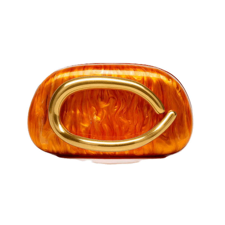 Decorative object with gold arch and orange-brown textured surface on a white background
