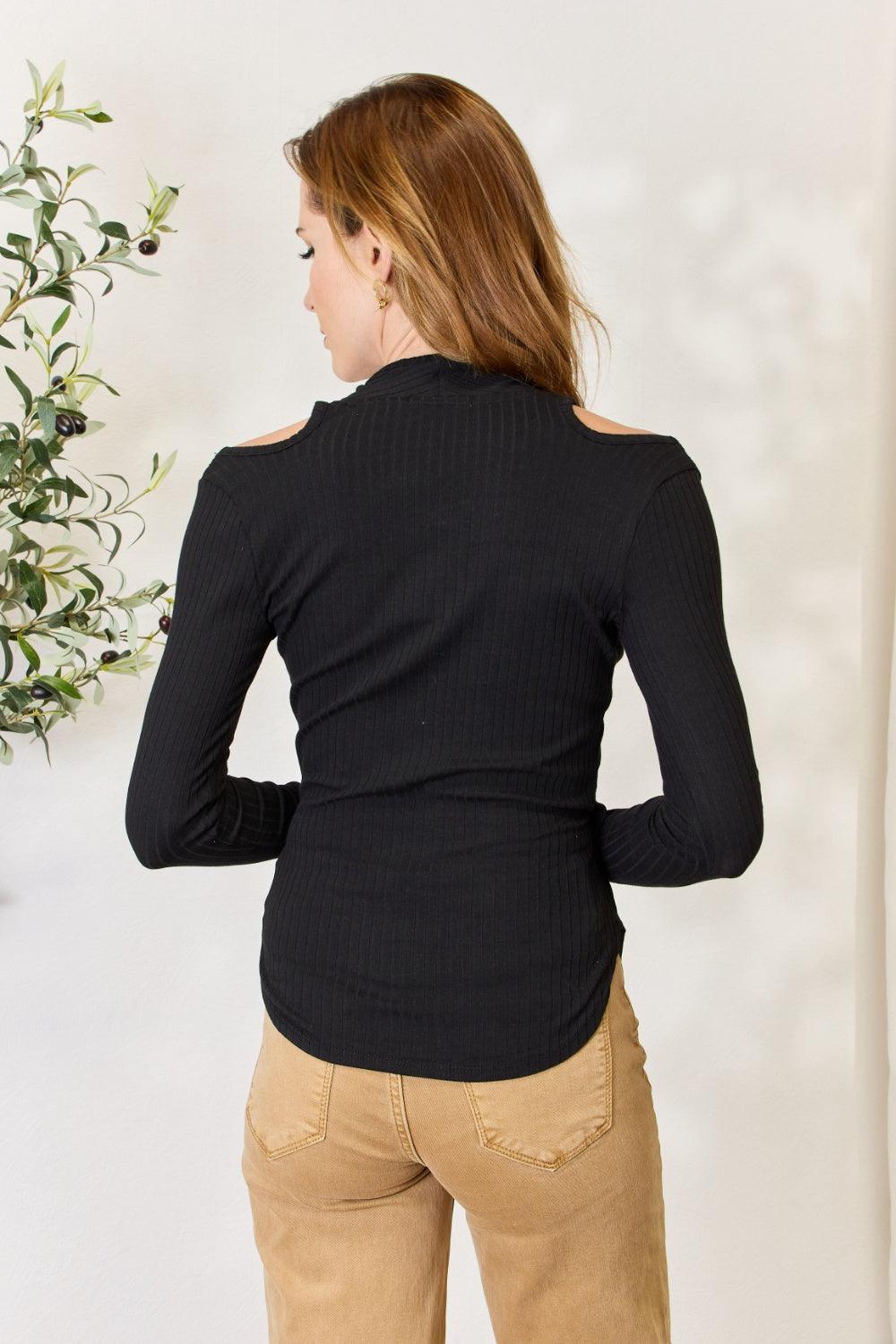 Culture Code Full Size Ribbed Surplice Cold Shoulder Top Carauana Store