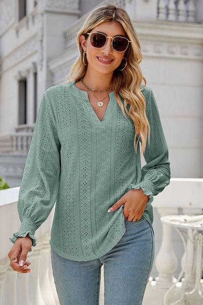 Eyelet Notched Lantern Sleeve T-Shirt Carauana Store