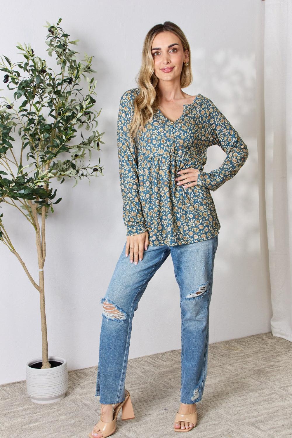 Heimish Full Size Floral Half Button Long Sleeve Blouse Carauana Store