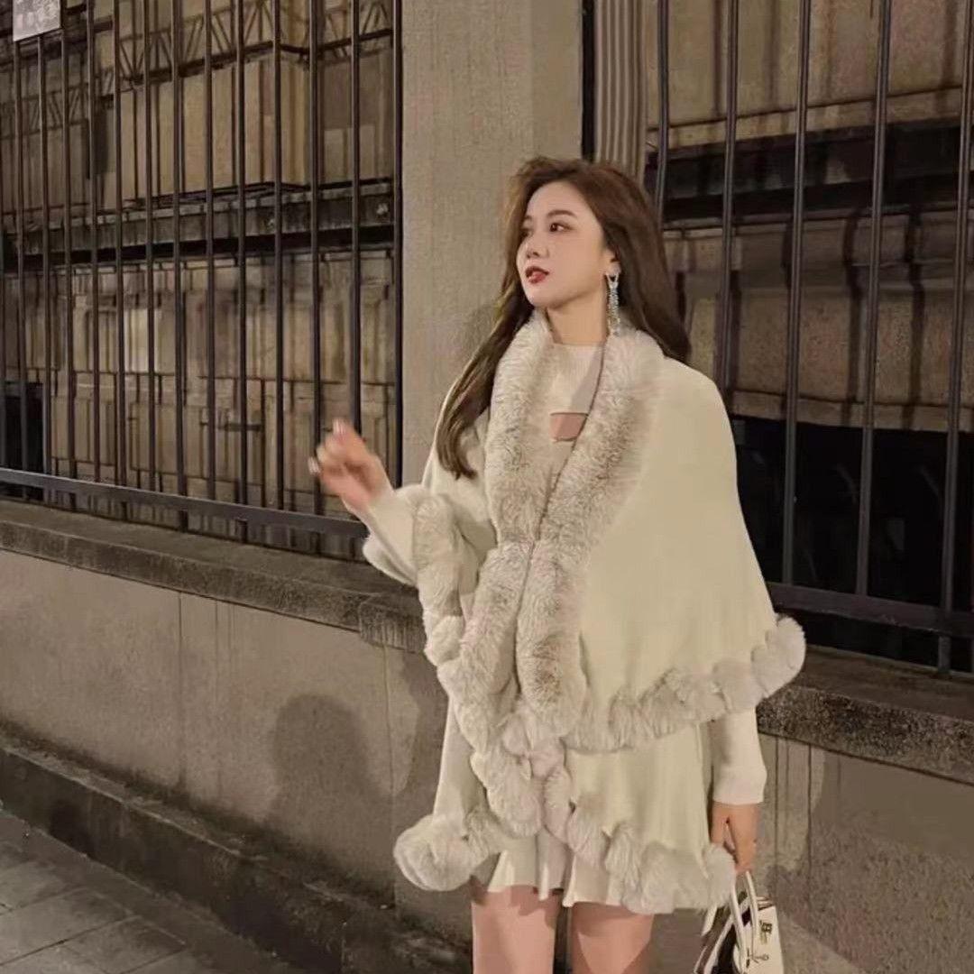 Loose Coat Faux Fox Fur Poncho Wool Coats Women Tassel Cloak Warm Outwear Carauana Store