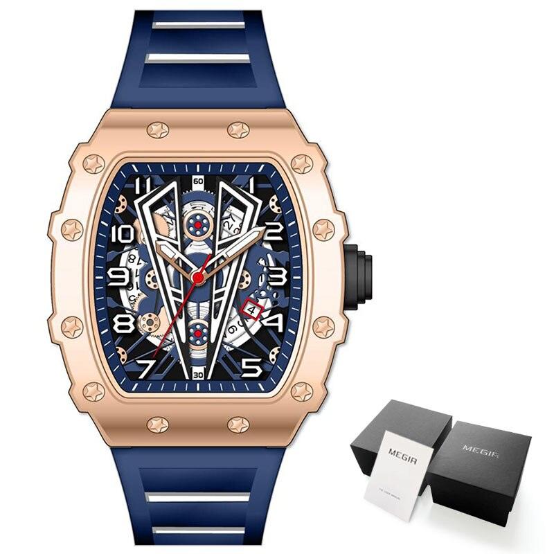 MEGIR Tonneau Dial Sport Watch For Men Fashion Waterproof Quartz Wristwatches Auto Date Luminous Silicone Strap 9006 Carauana Store