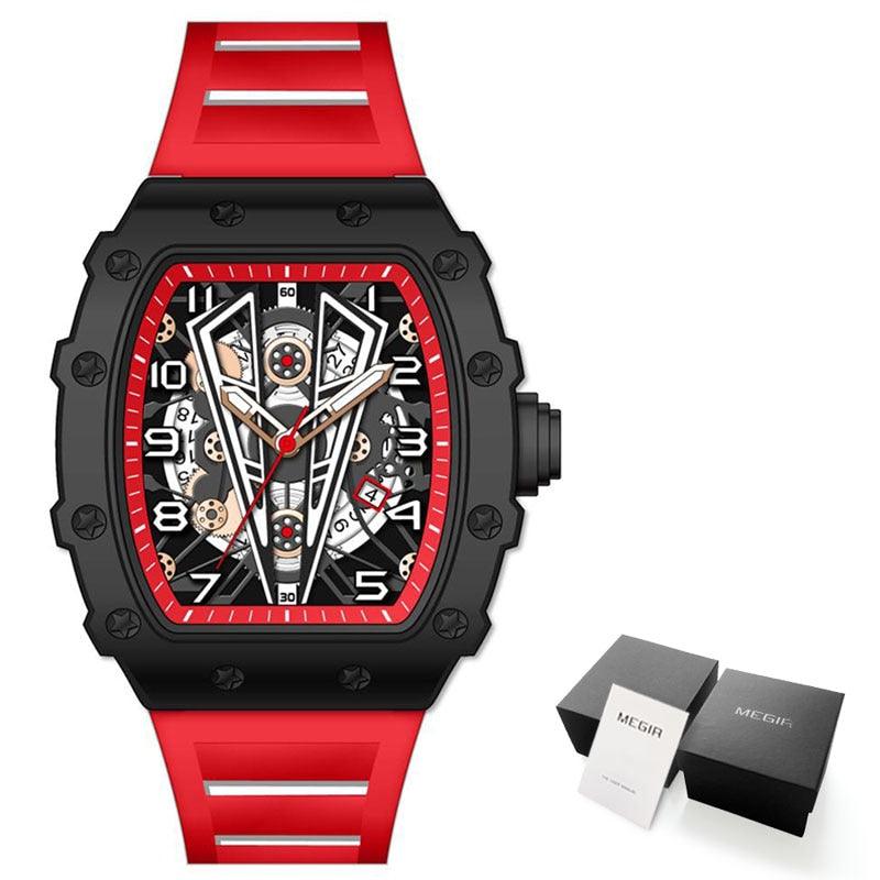 MEGIR Tonneau Dial Sport Watch For Men Fashion Waterproof Quartz Wristwatches Auto Date Luminous Silicone Strap 9006 Carauana Store
