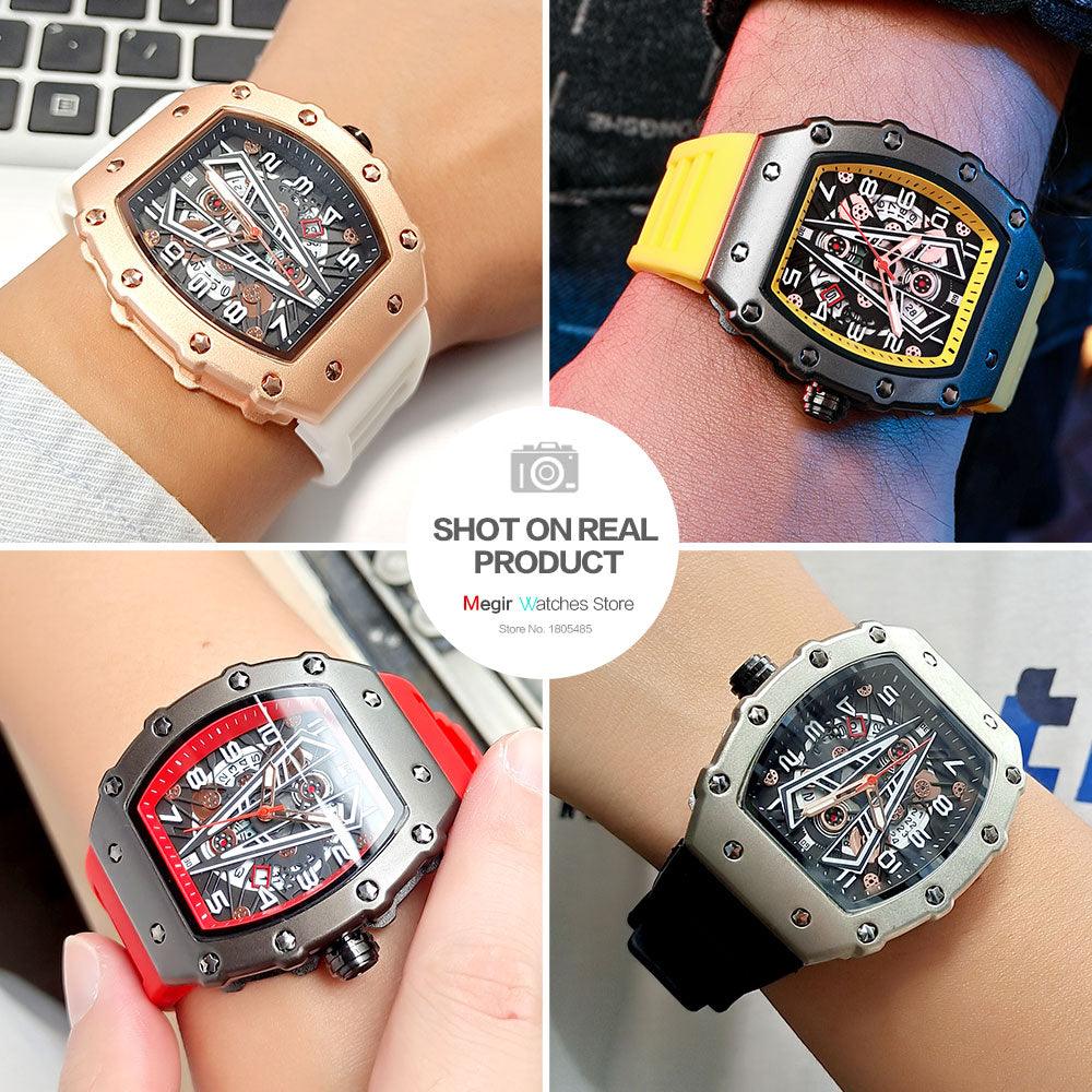 MEGIR Tonneau Dial Sport Watch For Men Fashion Waterproof Quartz Wristwatches Auto Date Luminous Silicone Strap 9006 Carauana Store