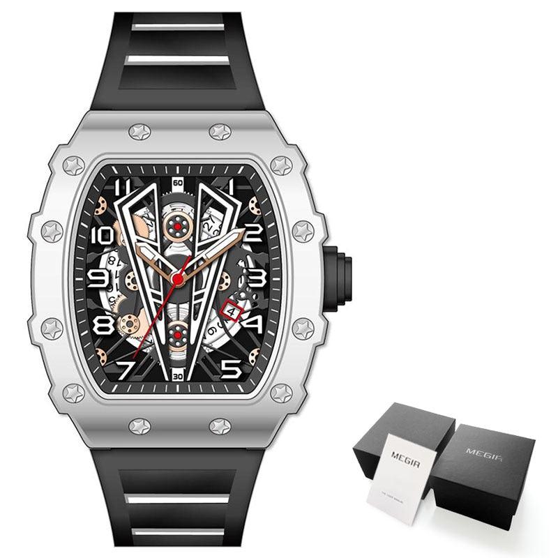 MEGIR Tonneau Dial Sport Watch For Men Fashion Waterproof Quartz Wristwatches Auto Date Luminous Silicone Strap 9006 Carauana Store
