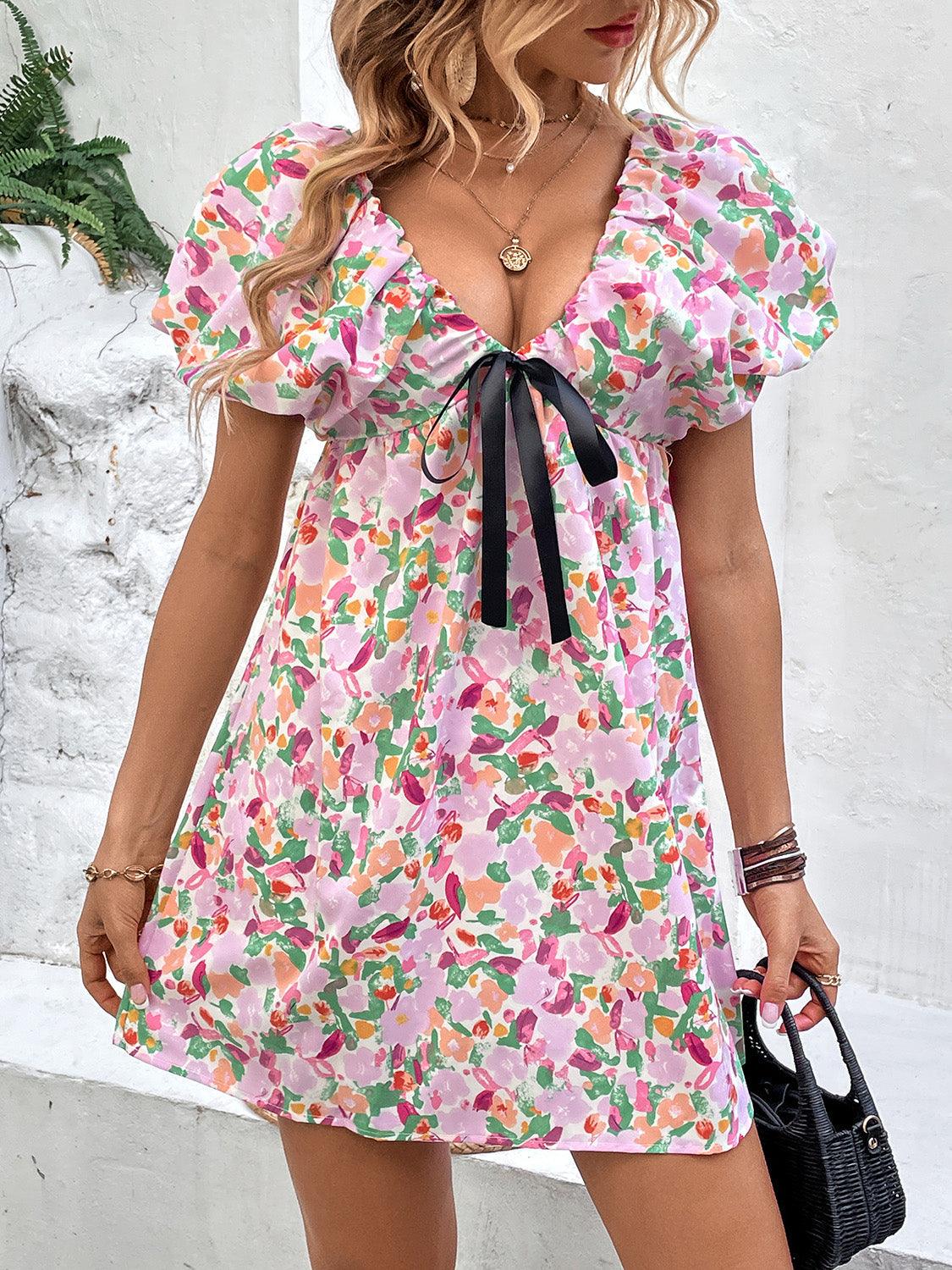 Printed V-Neck Puff Sleeve Mini Dress Carauana Store