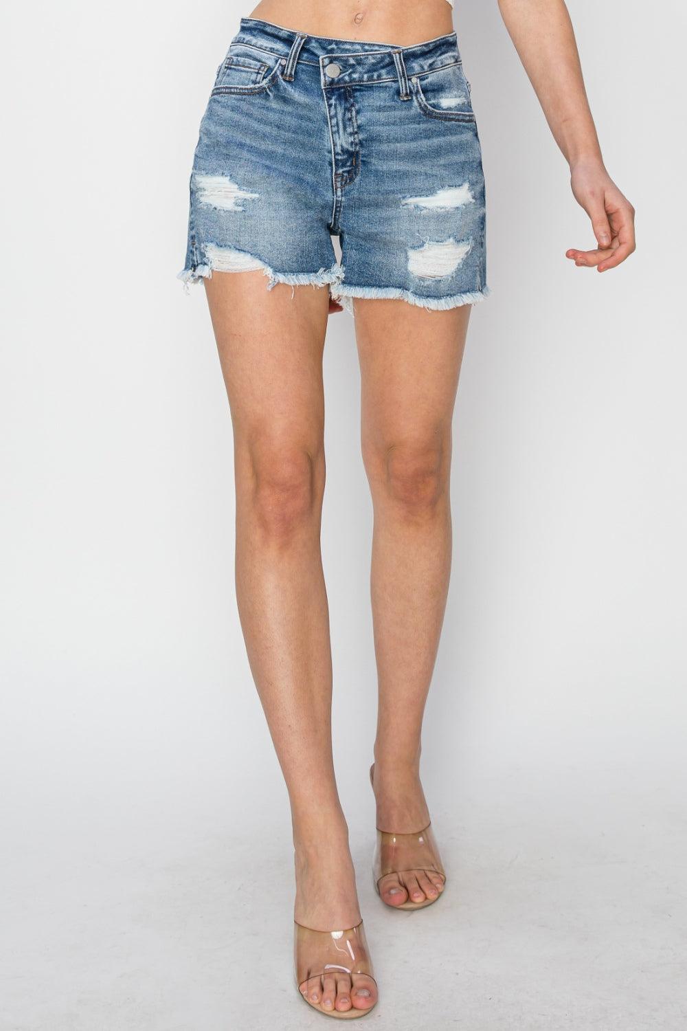 RISEN Stepped Waist Frayed Denim Shorts Carauana Store