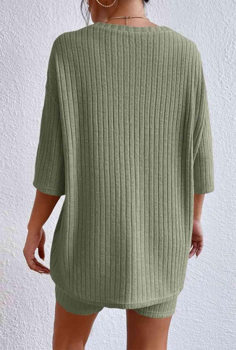 Round Neck Ribbed Top and Shorts Lounge Set Carauana Store