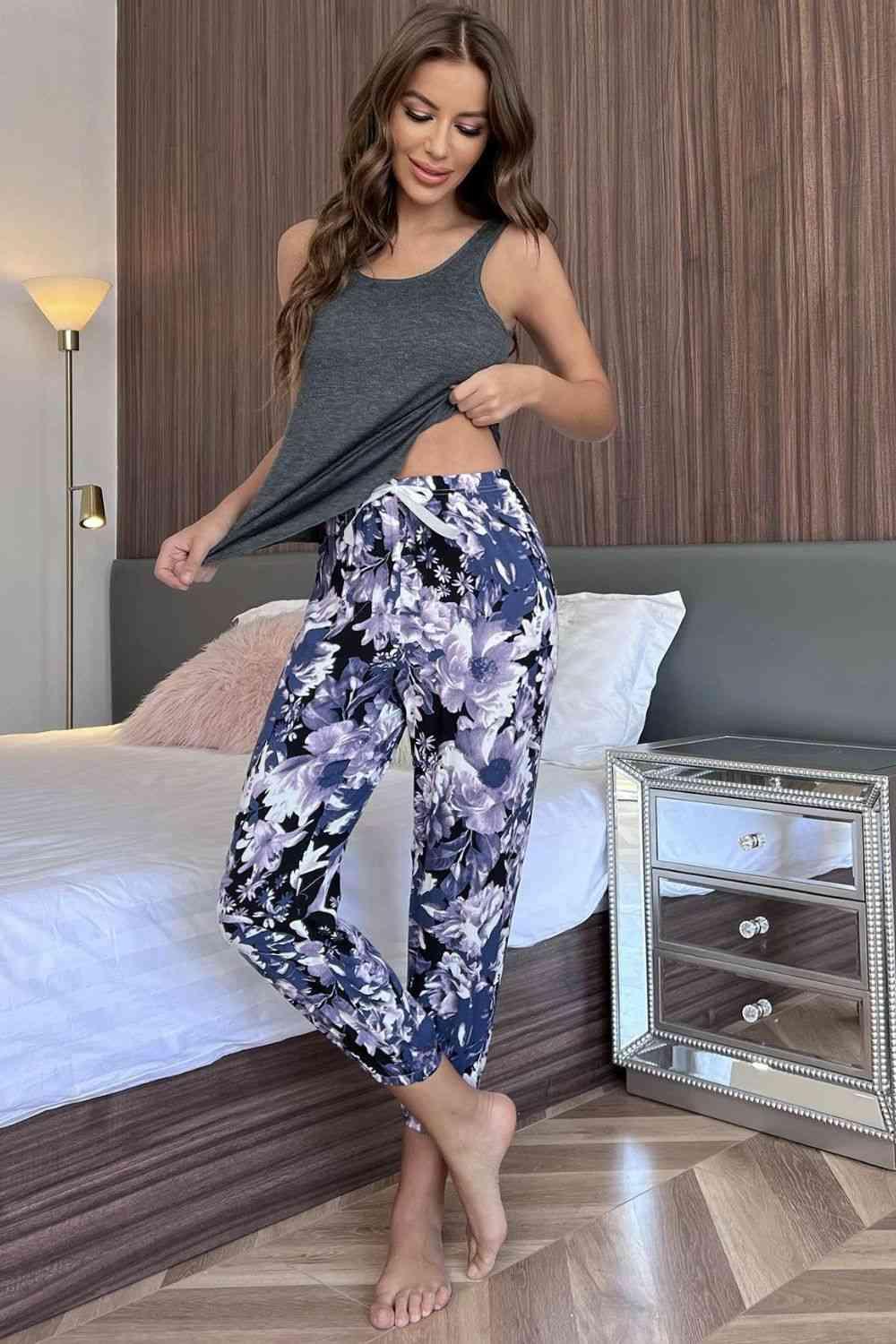 Scoop Neck Tank and Floral Cropped Pants Lounge Set Carauana Store