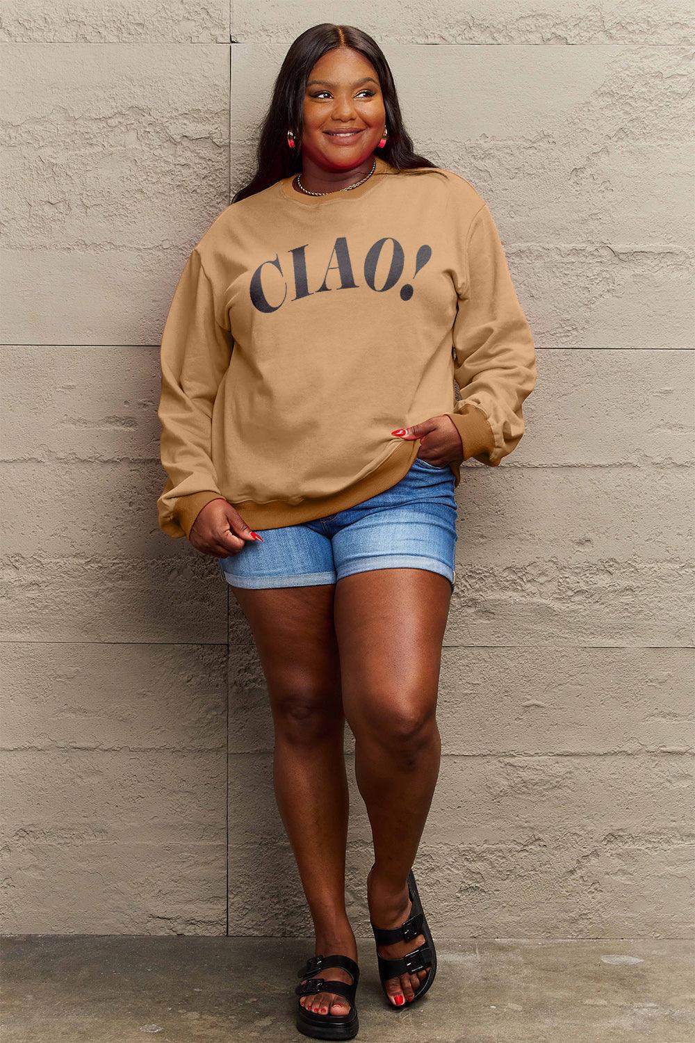 Simply Love Full Size CIAO!Round Neck Sweatshirt Carauana Store