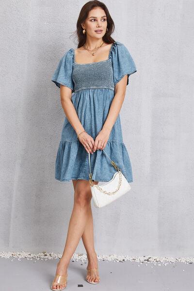 Smocked Square Neck Mini Denim Dress Carauana Store